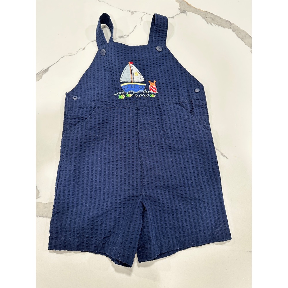 Vtg Navy Blue Seersucker Sailboat Embroidered Shortalls Toddler Boys 4T